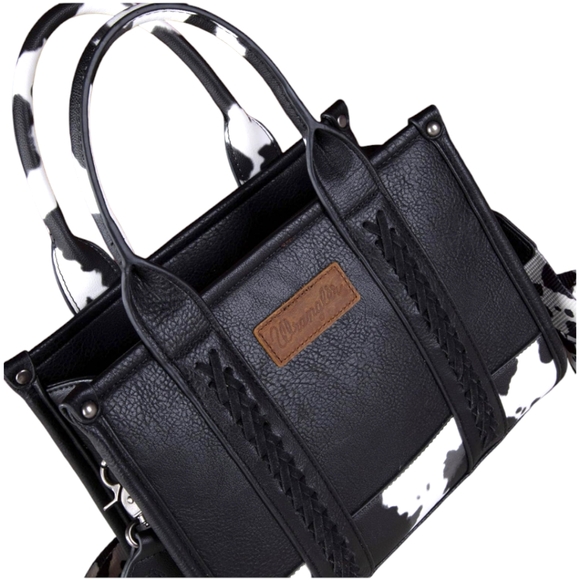 Wrangler Designer Vegan Leather Black Cow Print Crossbody, Tote, Handbag W/Strap - Picture 6 of 7